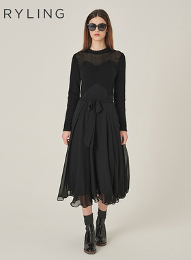MARYLING玛俪琳秋季新品黑色针梭配大摆连衣裙A1EGW62010