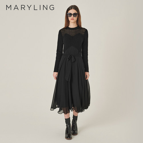 MARYLING黑色针梭连衣裙