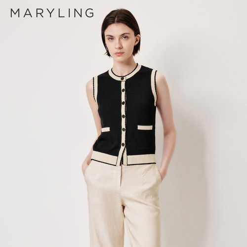 MARYLING玛俪琳2026初夏新品黑杏拼色度假风针织马甲A1GCW07520