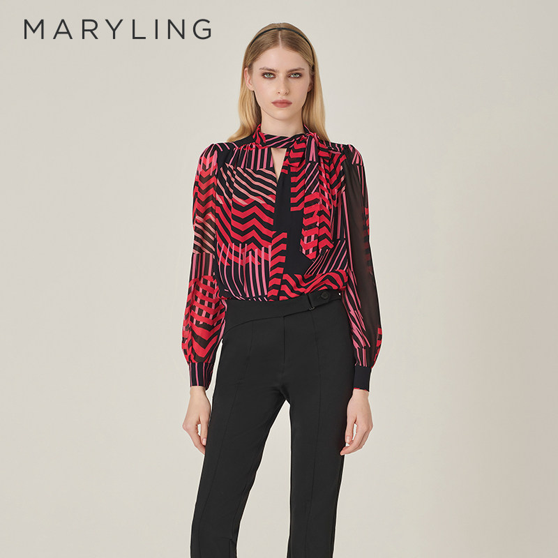 MARYLING玛俪琳秋季新品红黑艺术条纹飘带V领休闲上衣水滴领衬衫