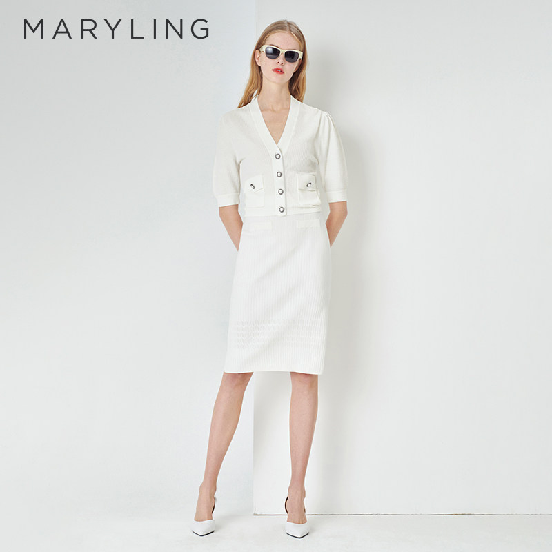 MARYLING玛俪琳春夏新品米白色V领珍珠扣短袖针织开衫A1DCW08510