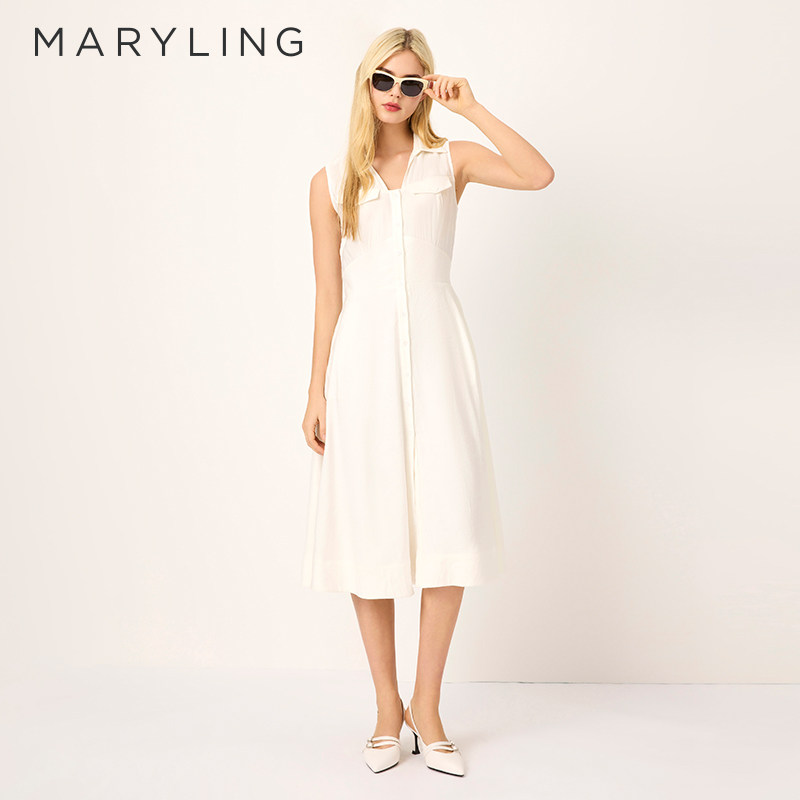 MARYLING玛俪琳初夏新品白色翻领无袖中长连衣裙A1FCW63320