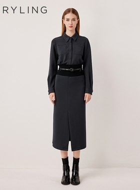 MARYLING玛俪琳2025秋季新品百搭深蓝色衬衫领翻领上衣A1FGW20180