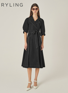 MARYLING玛俪琳初秋新品黑色装饰线风衣式连衣裙A1EFW61340