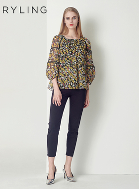 MARYLING玛俪琳春秋秋叶黄小方领泡泡袖A摆上衣A1CFW26050