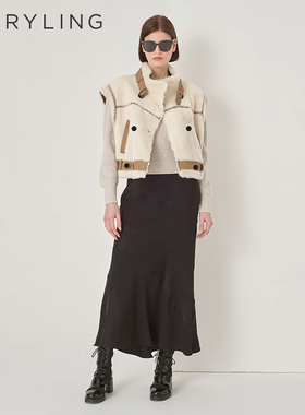 MARYLING玛俪琳秋冬新品米白色撞色皮毛一体短款马甲A1DHW9R120