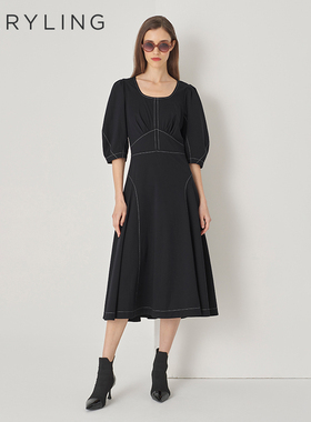 MARYLING玛俪琳初秋季新品黑白线条方领泡泡袖连衣裙A1DFW61090