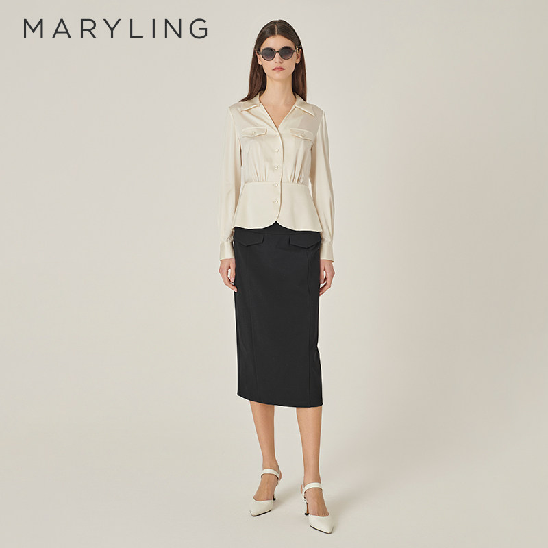 MARYLING玛俪琳24初秋新品米白色V领衬衫收腰真丝上衣A1EFW20090