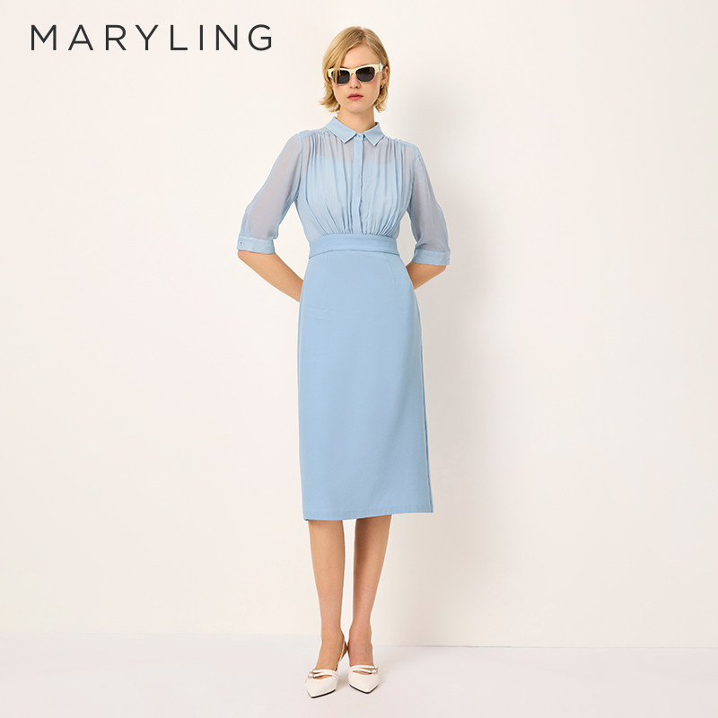 MARYLING玛俪琳初夏新品雾蓝色显白桑蚕丝中袖连衣裙A1FCW62690