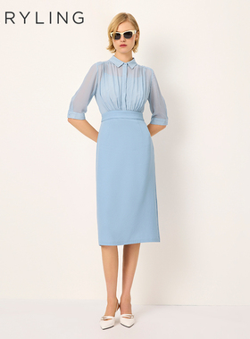 MARYLING玛俪琳2025初夏新品雾蓝色桑蚕丝中袖连衣裙A1FCW62690