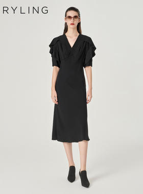 MARYLING玛俪琳夏新品黑色荷叶袖鱼尾摆V领连衣裙A1ECW61260