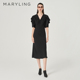 MARYLING玛俪琳夏新品 鱼尾摆V领连衣裙A1ECW61260 黑色荷叶袖