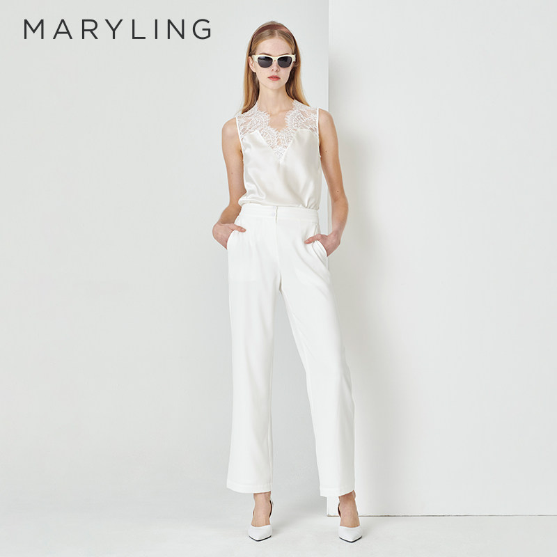 MARYLING玛俪琳黑白色上衣拼接V领真丝背心蕾丝打底衫A1D