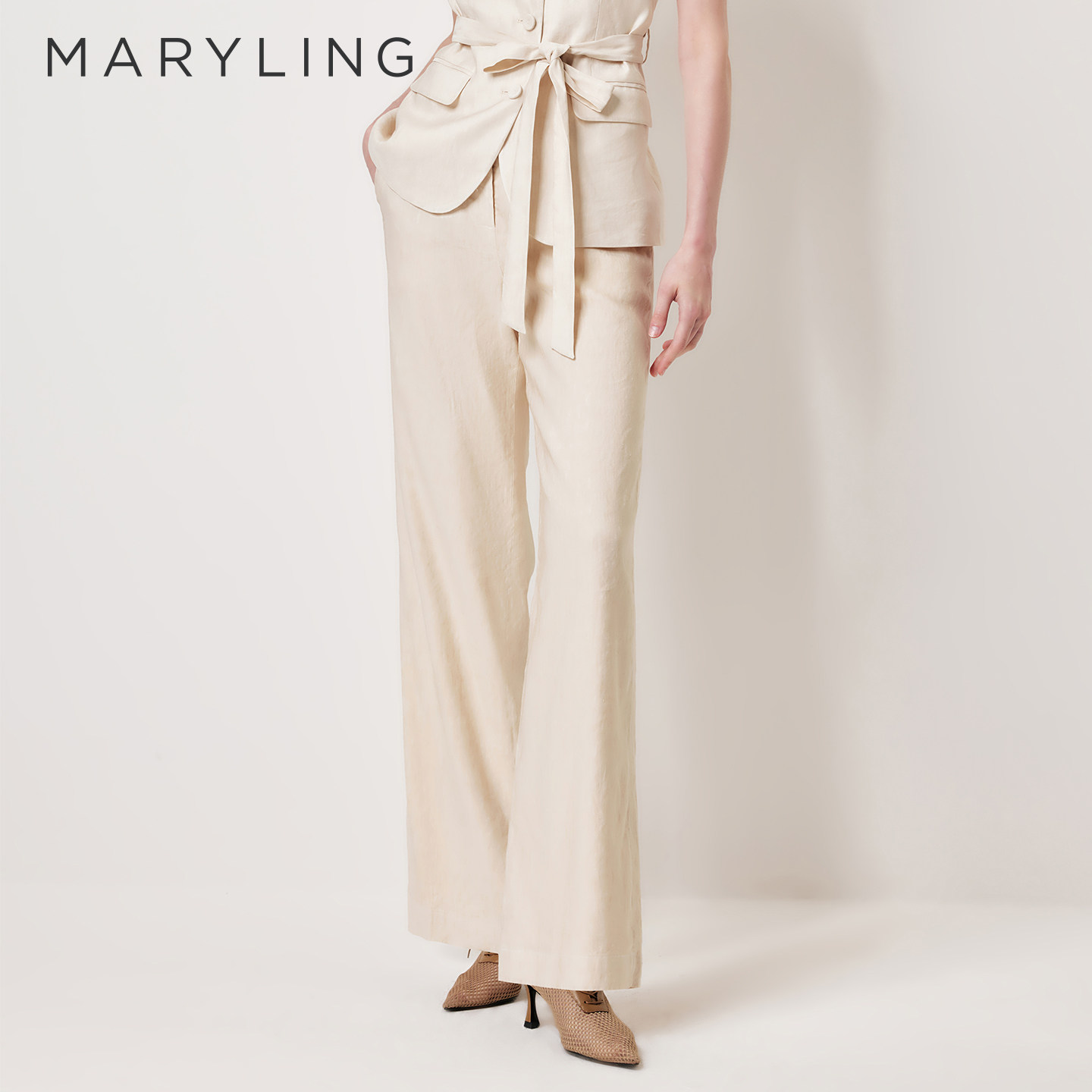 MARYLING玛俪琳2026夏新杏色极简复古双纽扣松弛感长裤A1GCW51320
