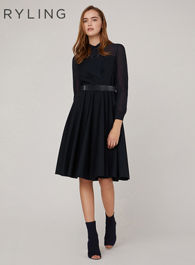 MARYLING玛俪琳春秋深蓝乔其纱拼接A字衬衫连衣裙A1CAW61360