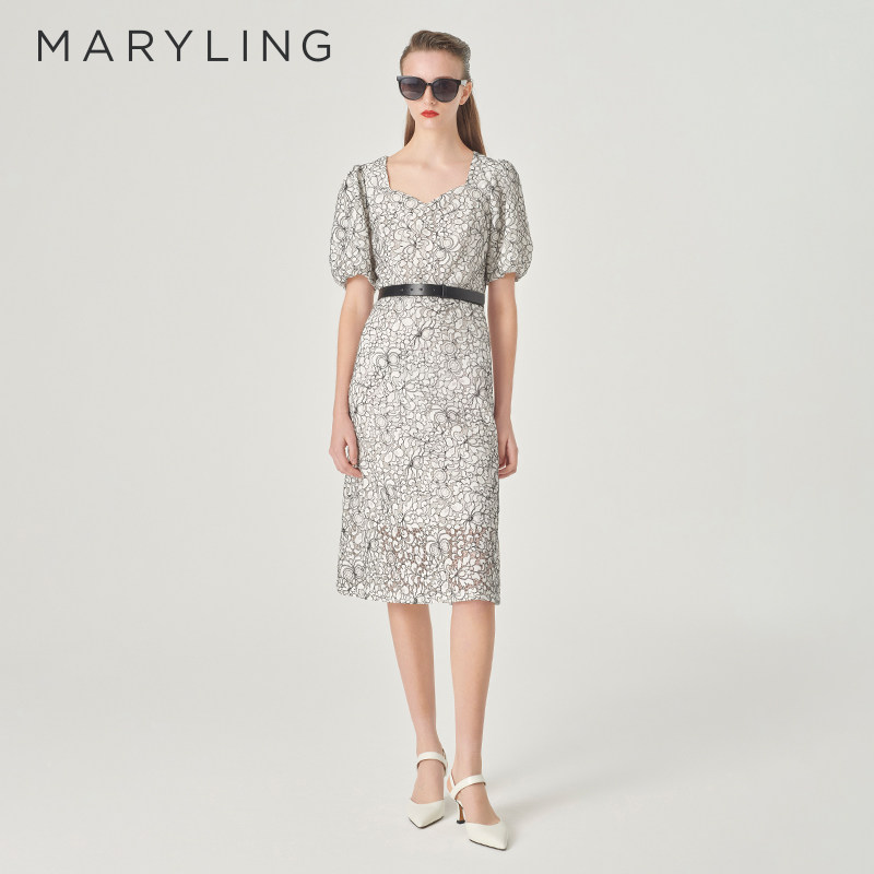 MARYLING玛俪琳夏季新品方领泡泡袖黑白蕾丝连衣裙A1ECW63510