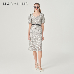 黑白蕾丝连衣裙A1ECW63510 方领泡泡袖 MARYLING玛俪琳夏季 新品