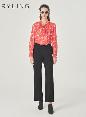 MARYLING玛俪琳初春新品黑色金属扣细节直筒裤A1EAW51250