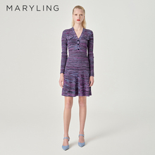 MARYLING玛俪琳初春新品香芋紫V领混色针织连衣裙A1EAW04660