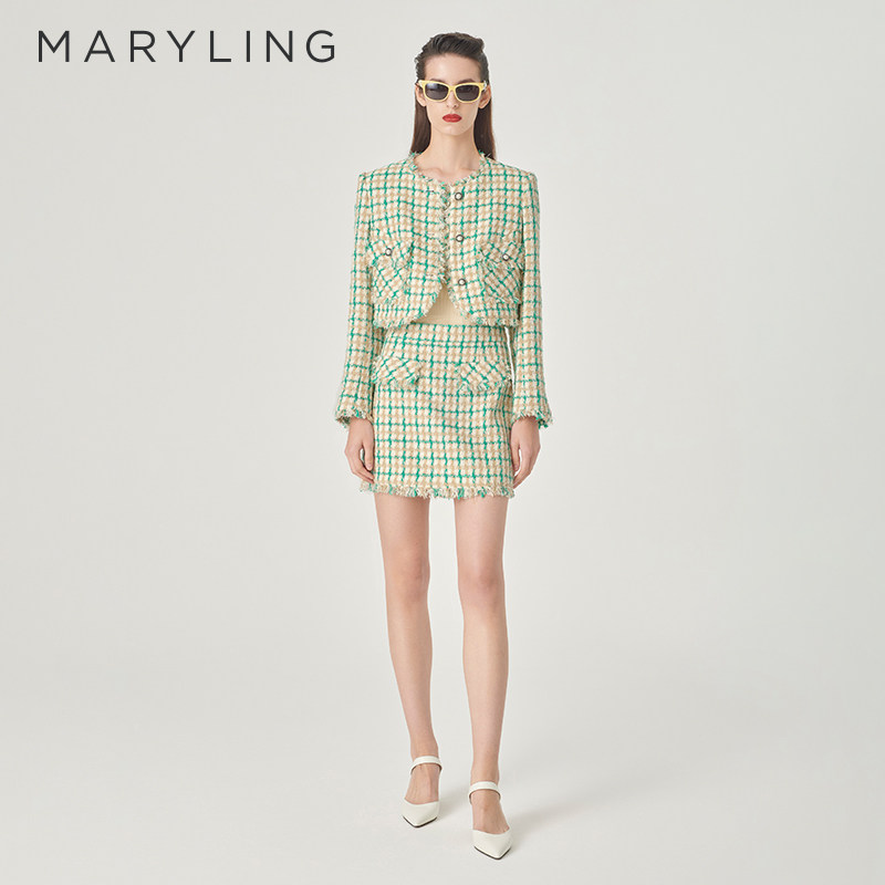 MARYLING玛俪琳芭蕾西装春季新品米绿格纹粗花呢外套A1EBW14530