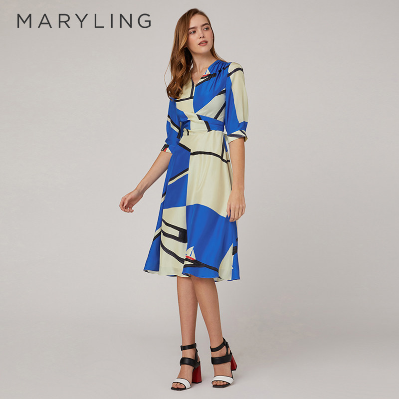 MARYLING玛俪琳夏季航海风V领腰部交叉绑带连衣裙A1CCW62970
