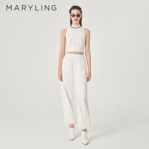 MARYLING白色下脚抽绳长裤