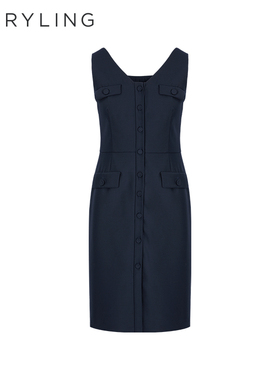 MARYLING玛俪琳夏季新品深蓝色V领修身连衣裙A1ECW63100