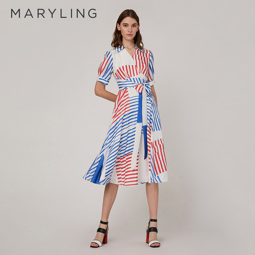 MARYLING航海风条纹印花连衣裙