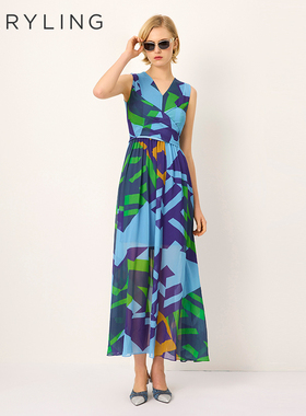 MARYLING玛俪琳2025春夏蓝绿色拼贴色块V领无袖连衣裙A1FCW62350