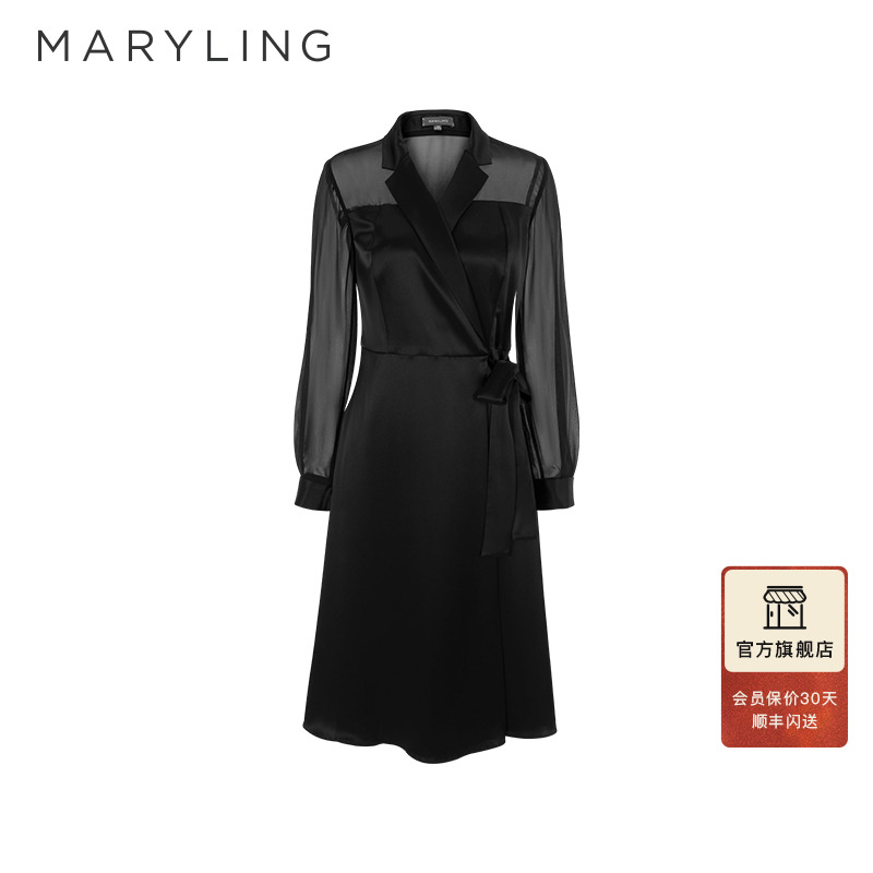 MARYLING玛俪琳2025春秋季黑色高级感收腰西装领连衣裙A1FBW61570