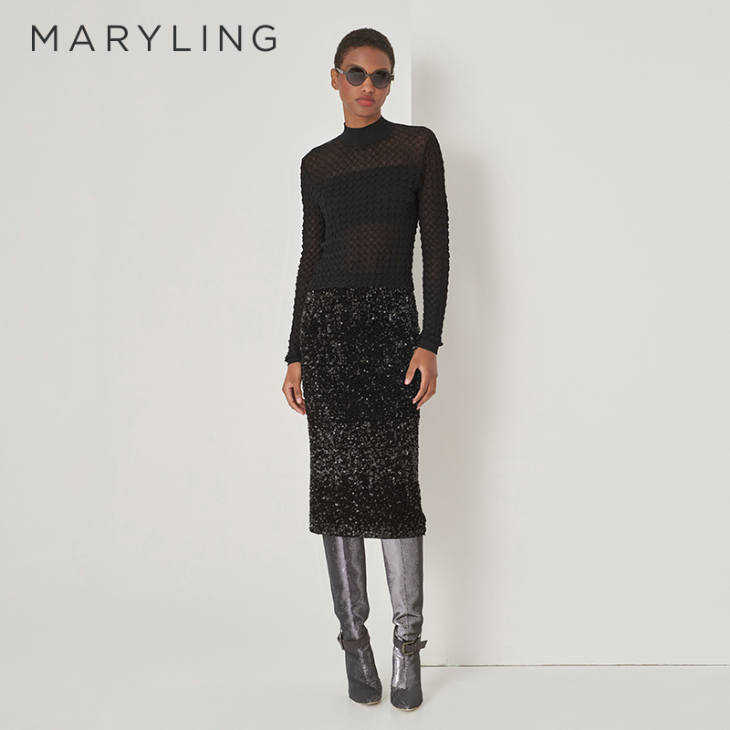 MARYLING黑色珠片直筒半裙