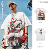 新款 打底衫 国潮休闲短袖 夏季 t恤男士 宽松薄款 中国风醒狮男装 上衣