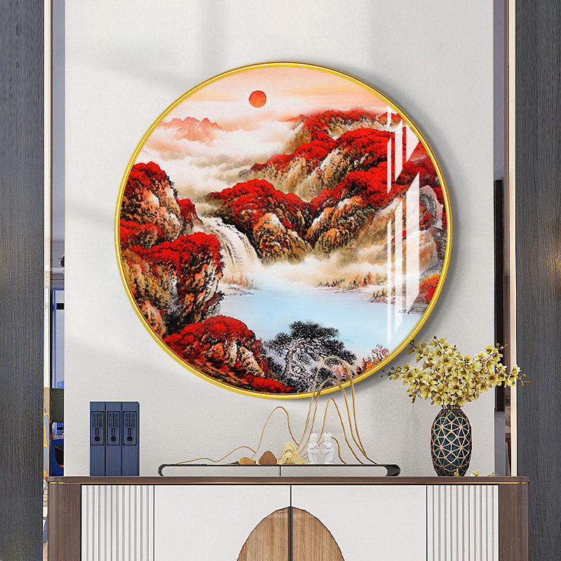 鸿运当头挂画玄关挂件客厅沙发背景墙壁画中式圆形山水国画装饰画