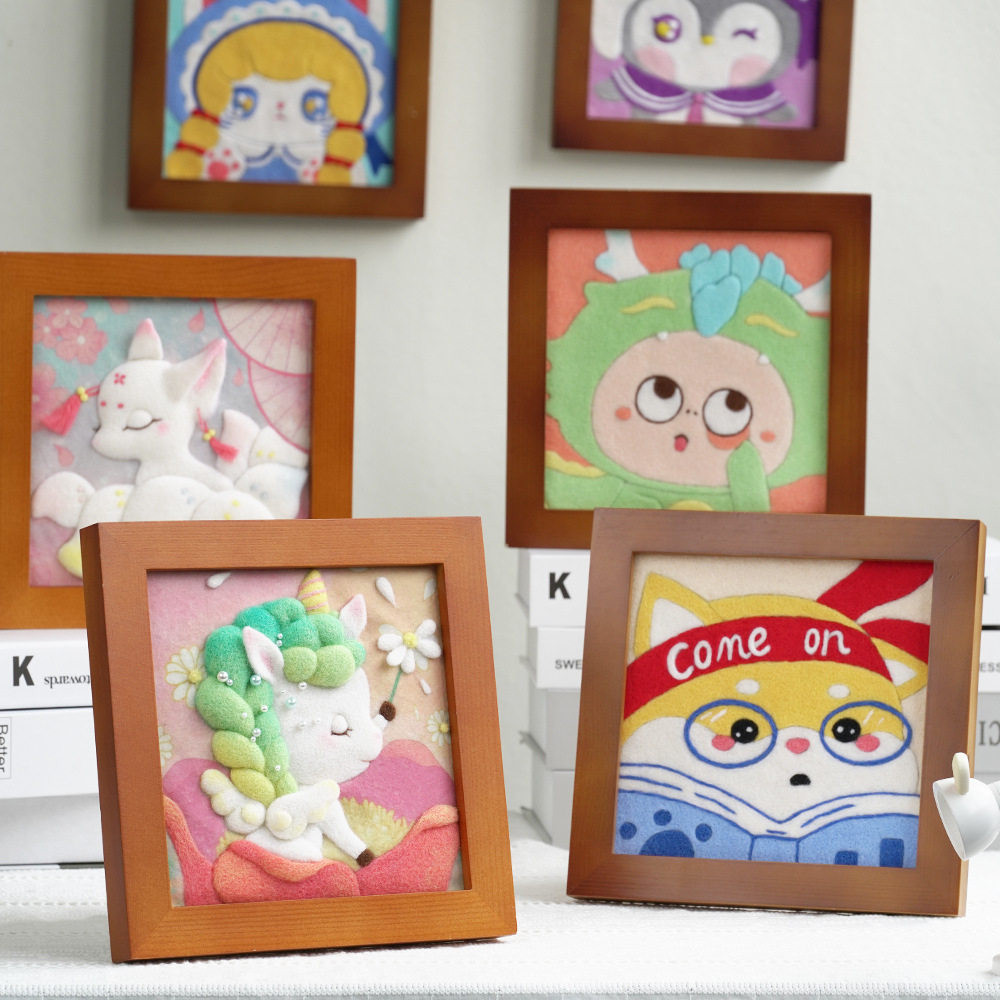 羊毛毡戳戳乐材料包相框名画圣诞节礼品手工diy卡通兔子摆件