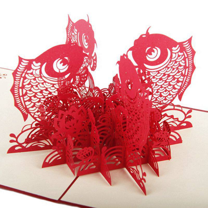 猴年3d立体贺卡年年有鱼剪纸新年贺卡祝福卡  一件创意