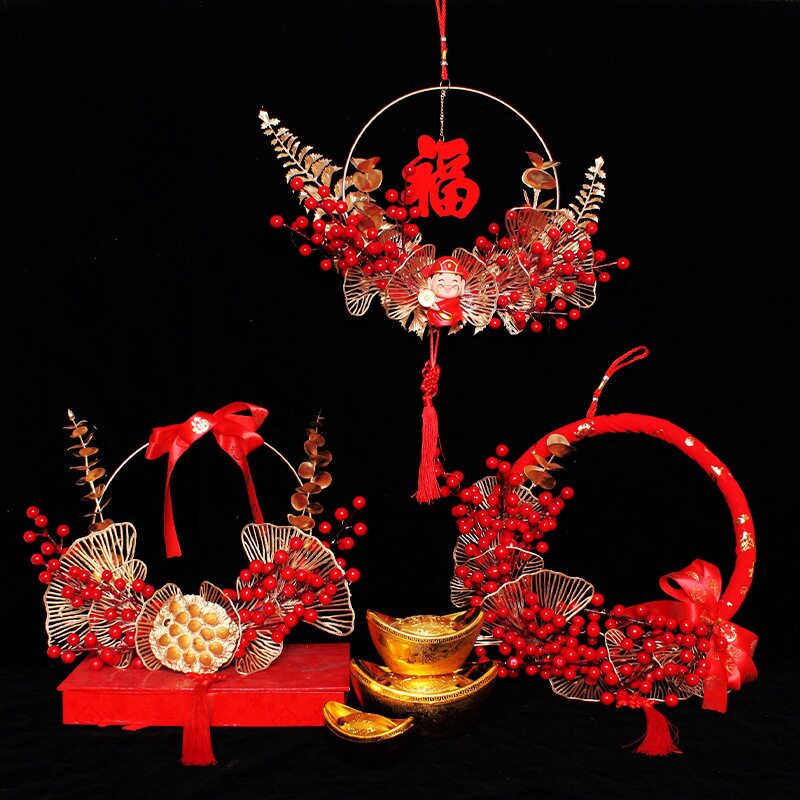 中式结婚喜庆花环门饰新年家居年宵红果花篮橱窗装饰挂件花圈道具