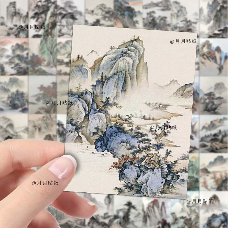 120张国潮手绘山水国画贴纸ins中国风笔记本电脑手账diy装饰贴画