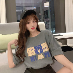 實拍原宿風短袖印花女韓版時尚寬鬆恤女學生百搭圓領上衣潮