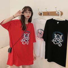 Real shot spring Korean fashion loose short sleeve t-shirt female students middle long versatile top trend printing