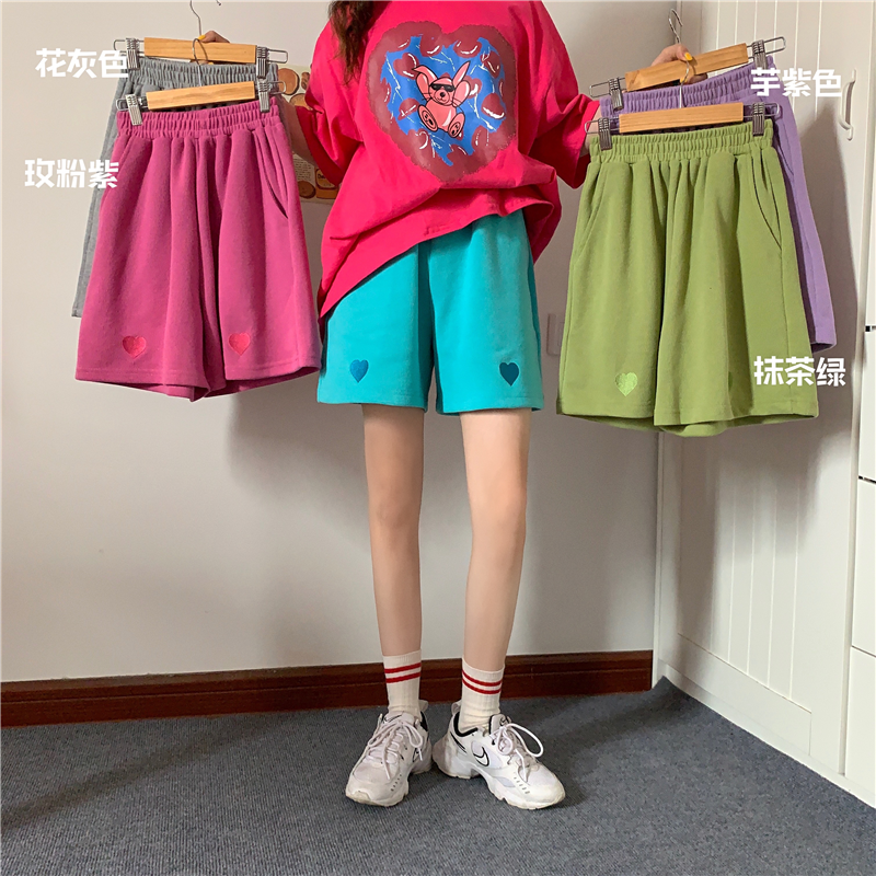 實拍原宿風短褲女夏季韓版愛心刺繡運動休閒闊腿五分褲直筒女
