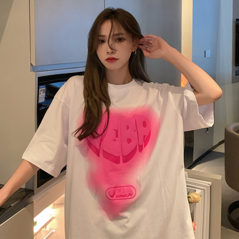 Real shot of Harajuku style short sleeve women's summer Korean fashion medium length foam printed student versatile top