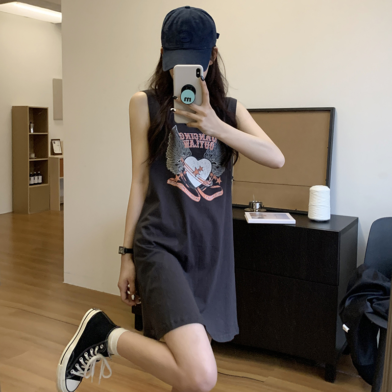實拍原宿風短袖無袖背心裙女夏新款韓版潮中長上衣大碼女裝潮