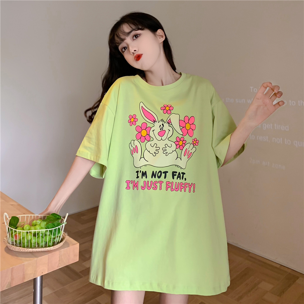 Real shot spring Korean fashion lovely pink flower big fat rabbit casual loose large version T-Shirt Medium and long