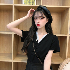 實拍夏季韓版時尚修身領短款恤女褶皺蕾絲拼接設計感上衣