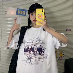 實拍 原宿風短袖女2021夏韓版時尚寬鬆T恤女學生百搭中長款上衣潮