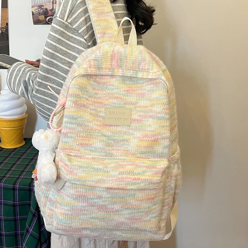 新品小众学院风百搭学生双肩包女ins大容量书包复合布毛绒茸可爱