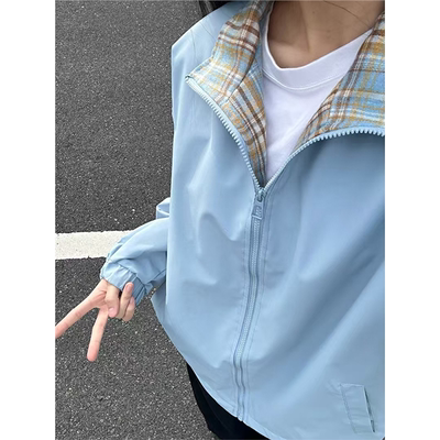 蓝色格子拼接夹克男款春秋