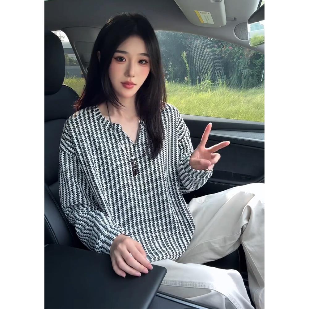 千鸟格V领长袖t恤男女秋季