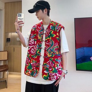 潮胖人宽松无袖 加肥加大码 坎肩外套 装 东北大花盘扣马甲背心男春季