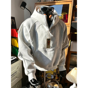 美式白花灰半拉链卫衣男款boxy重磅硬挺连帽开衫短款正肩立领外套